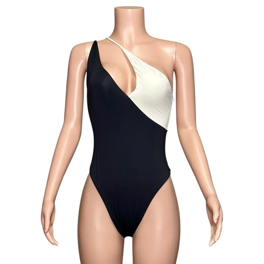 L*SPACE Raquel One Shoulder One Piece Swim, Black/Cream, Large_7